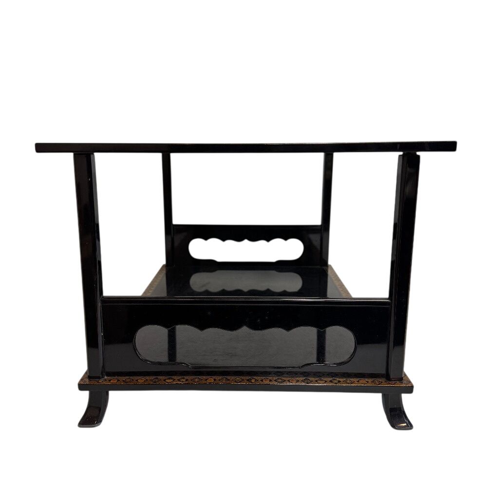 木製 漆塗 唐草金蒔絵 黒塗 二段卓 冠卓 48.5×33cm 木箱 共箱 花台