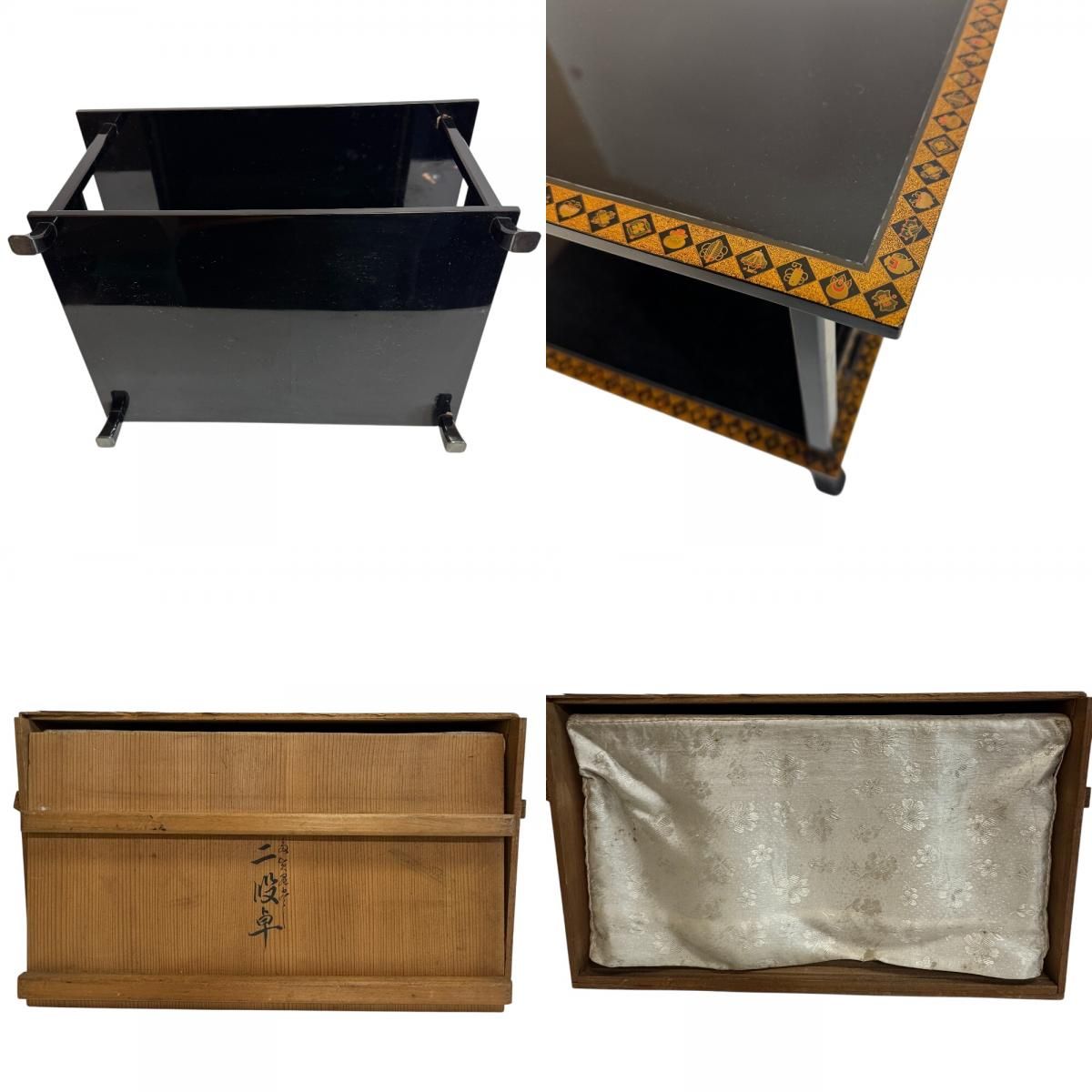 木製 漆塗 唐草金蒔絵 黒塗 二段卓 冠卓 48.5×33cm 木箱 共箱 花台