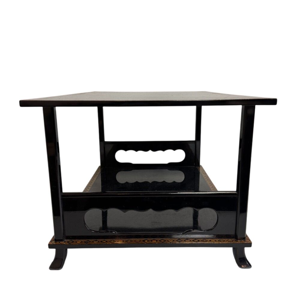 木製 漆塗 唐草金蒔絵 黒塗 二段卓 冠卓 48.5×33cm 木箱 共箱 花台