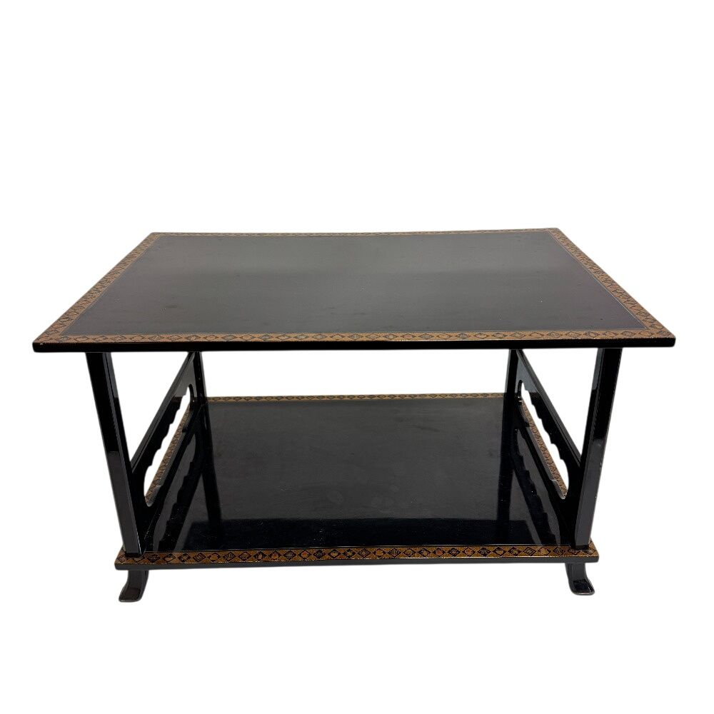 木製 漆塗 唐草金蒔絵 黒塗 二段卓 冠卓 48.5×33cm 木箱 共箱 花台