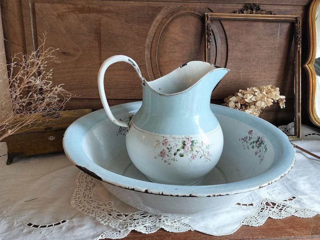 フランス アンティーク ホーロー 花装飾 ピッチャー ボウルつき 洗面台