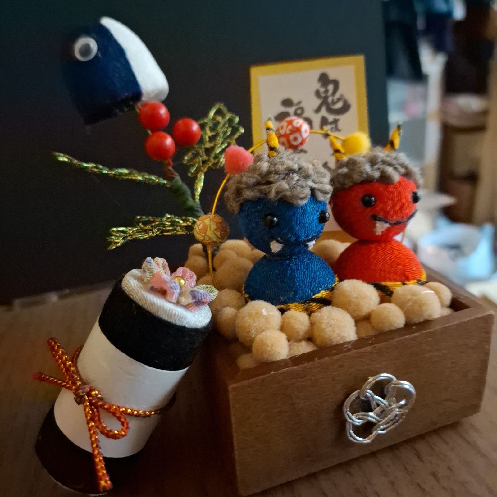 節分飾り 鬼の飾り ちりめん細工 水引 節分 鬼 魔除け銀梅水引き