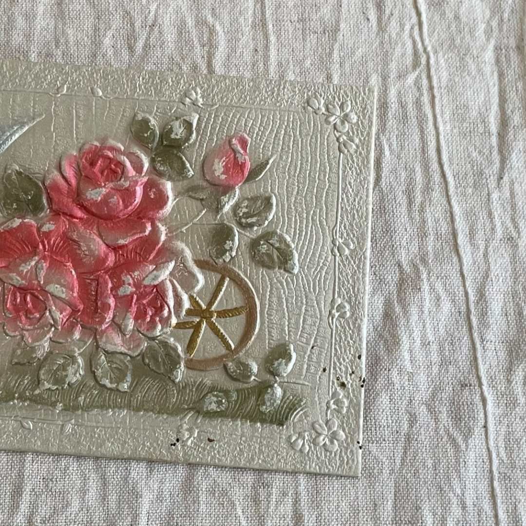 F_646 フランス直輸入 アンティークポストカード 薔薇と小鳥 赤いバラ