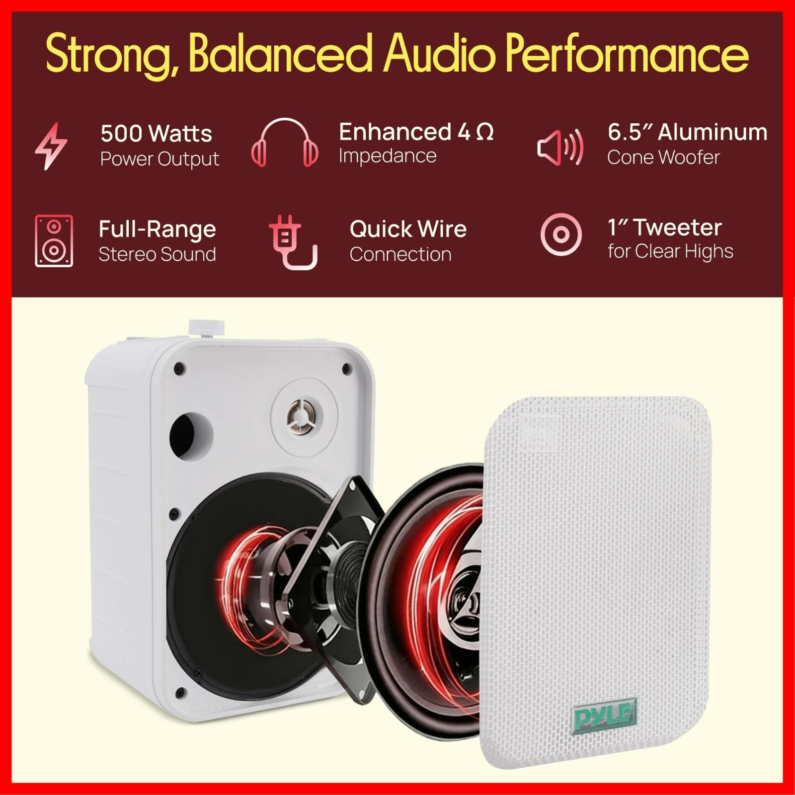 4オーム 定格出力250 W 30 Hz-22 kHz 最大出力500 防錆性メッシュグリル＆角度調整 なブラケット付き 屋内|屋外兼用ウォールマウントスピーカー ペア 壁 天井面取り付け型 6.5インチ 1年間のメーカー付き ２WAY完全防水 ホワイト