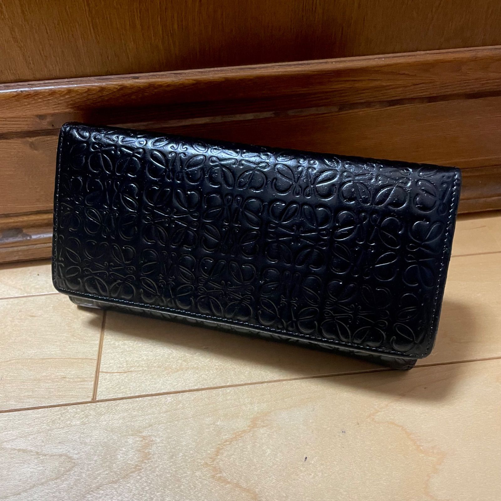 【美品】LOEWE 長財布　アナグラム　リネン　ブラック　　レザー 美品】LOEWE ロエベ 長財布 パズル アナグラム リネン ブラック