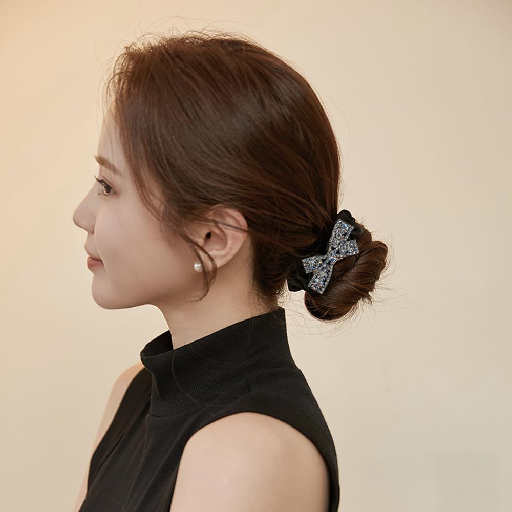 shefun シュシュ シルク パール クリスタル ヘアゴム 黒 3個セット