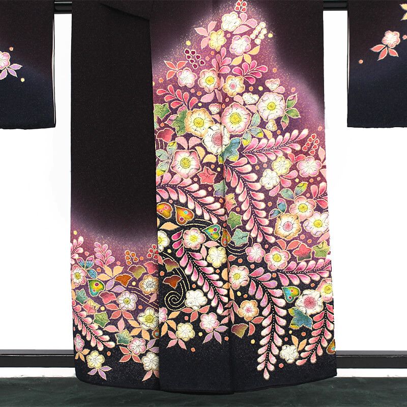 振袖 長襦袢 2点 セット 成人式 購入 正絹 黒 濃紫 辻が花 落款 身丈