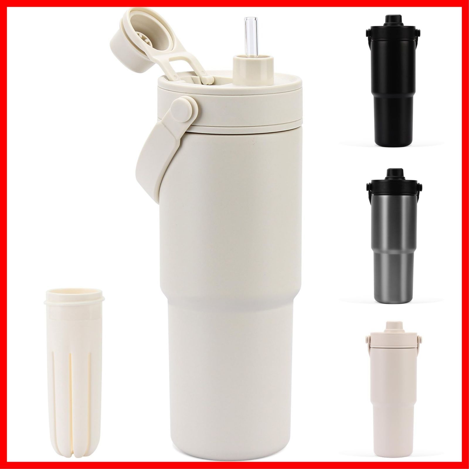 Dishwasher Compatible Water Bottle with Carrying Handle, Car/Office/Outdoor/Camping Bottle, Seamless Insulated, Vacuum Insulated, Direct Drinking, Large Capacity, White, Tumbler with Lid, Tumbler, Ceramic Straw, Water Bottle, 735ML