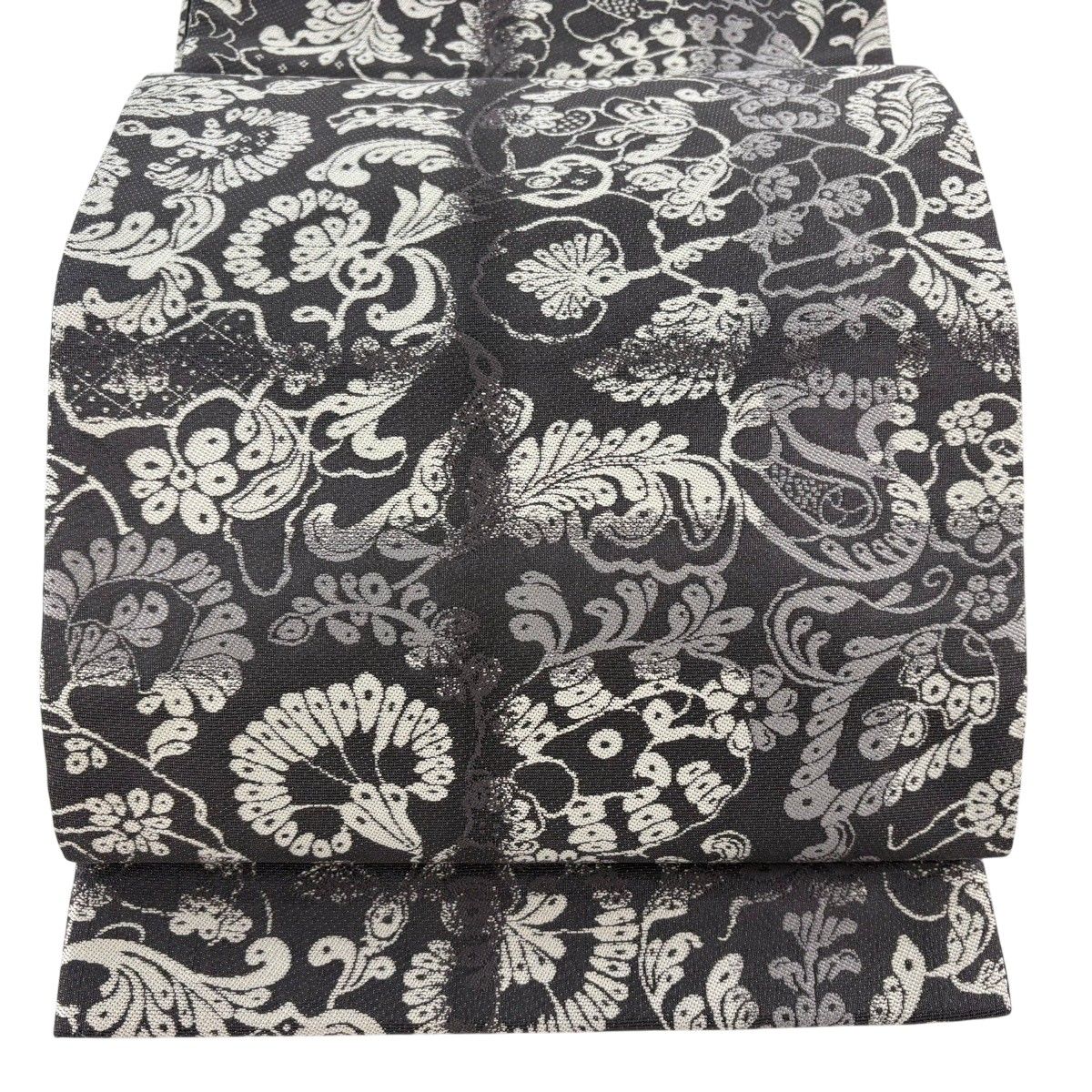 袋帯 名品 斉藤三才 落款 花唐草 幾何学 茶紫 六通 正絹 【中古