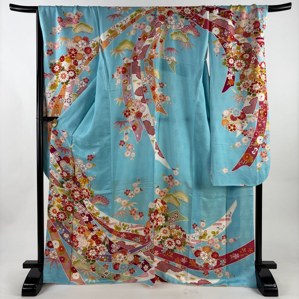 ＊振袖6点➕1点　セット＊ 正絹フルセット中古美品【身長155~170cm】 振袖 身丈170cm 裄丈72.5cm L 袷 束ね熨斗 手鞠 刺繍 金彩 水色 正絹