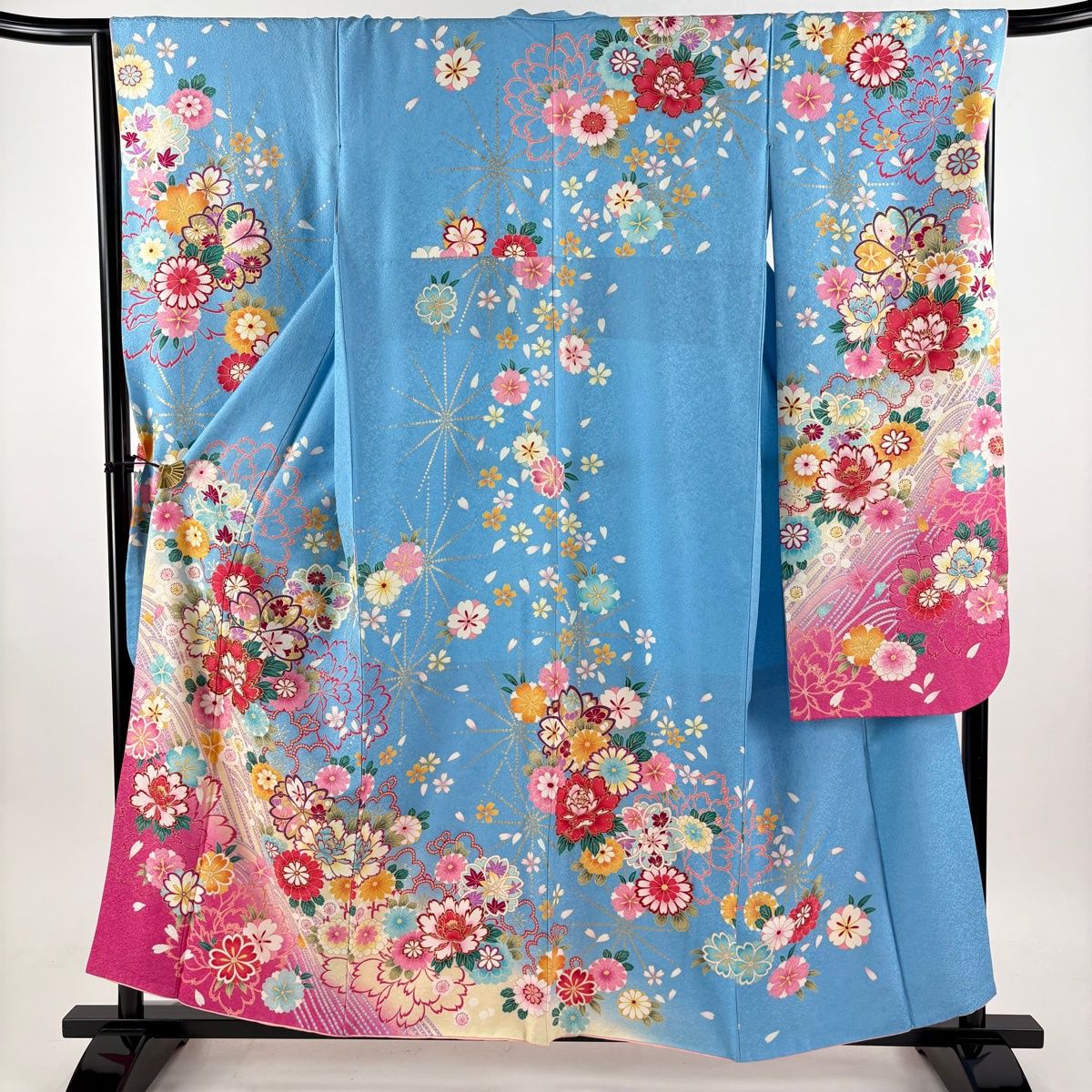 振袖 身丈156cm 裄丈66.5cm M 袷 牡丹 桜 刺繍 銀通し 水色 正絹 名品