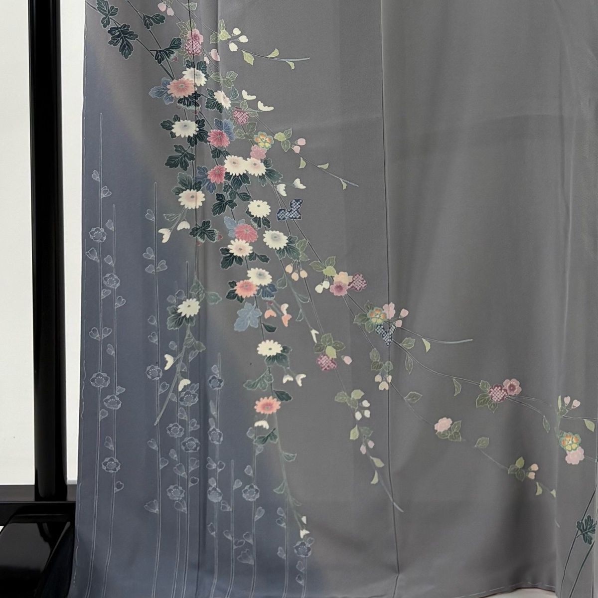 訪問着 身丈168.5cm 裄丈66cm M 袷 落款 菊 枝垂れ桜 灰色 正絹 秀