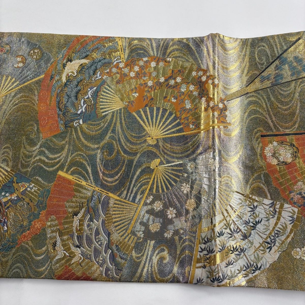 美品 扇 華文様 鴛鴦 金 笹 正絹 袋帯 二重太鼓 作り帯 美品】 袋帯 秀品 落款 徳川美術館秘蔵 扇 鶴 箔 金色 お太鼓柄 正絹