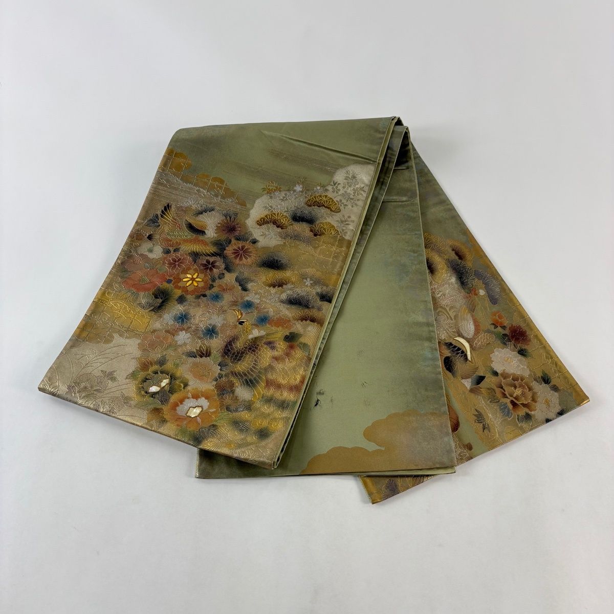 袋帯 秀品 鴛鴦 草花 螺鈿 金銀彩 鶯色 お太鼓柄 正絹 【中古】 - メルカリ