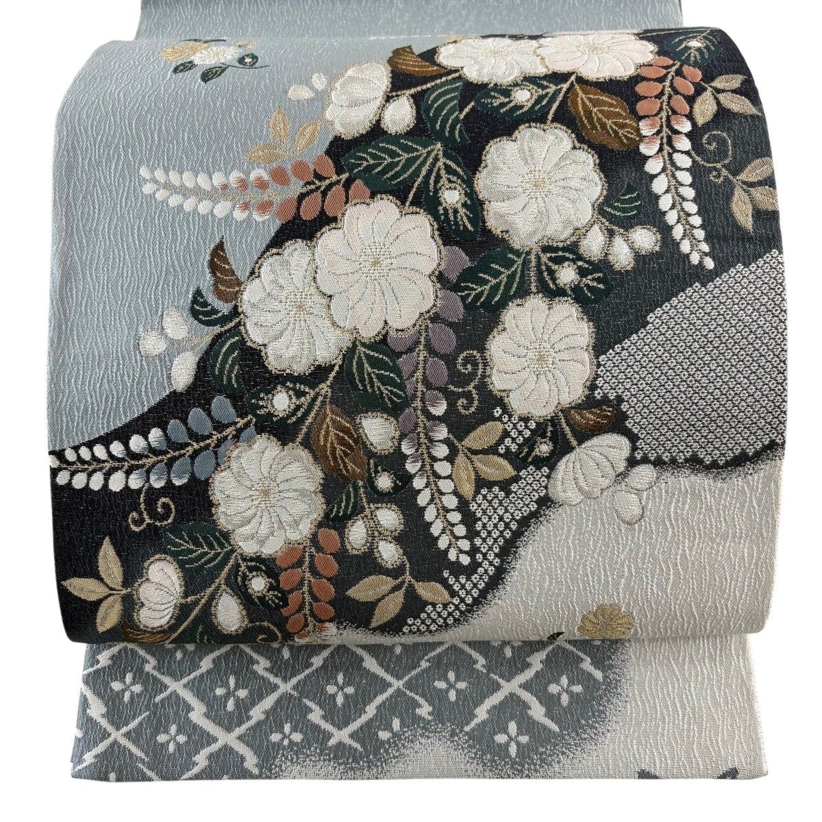 袋帯 秀品 辻が花柄 七宝 金銀糸 青灰色 お太鼓柄 正絹 【中古