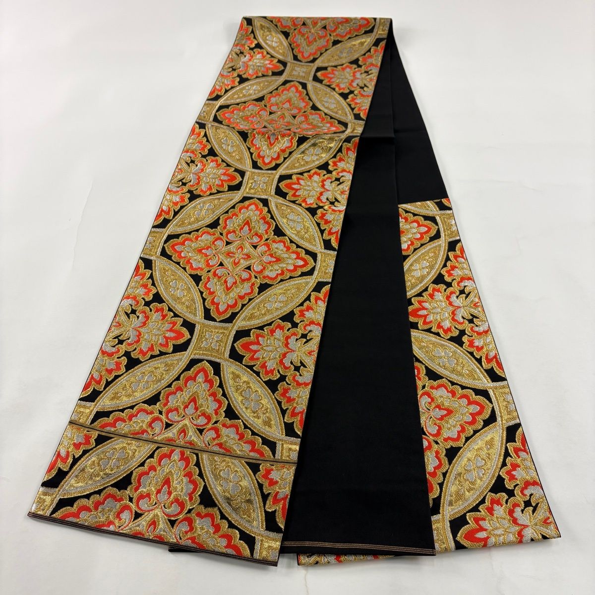 美品】 袋帯 秀品 川島織物 落款 関西仕立て 振袖向き 七宝 華文 金