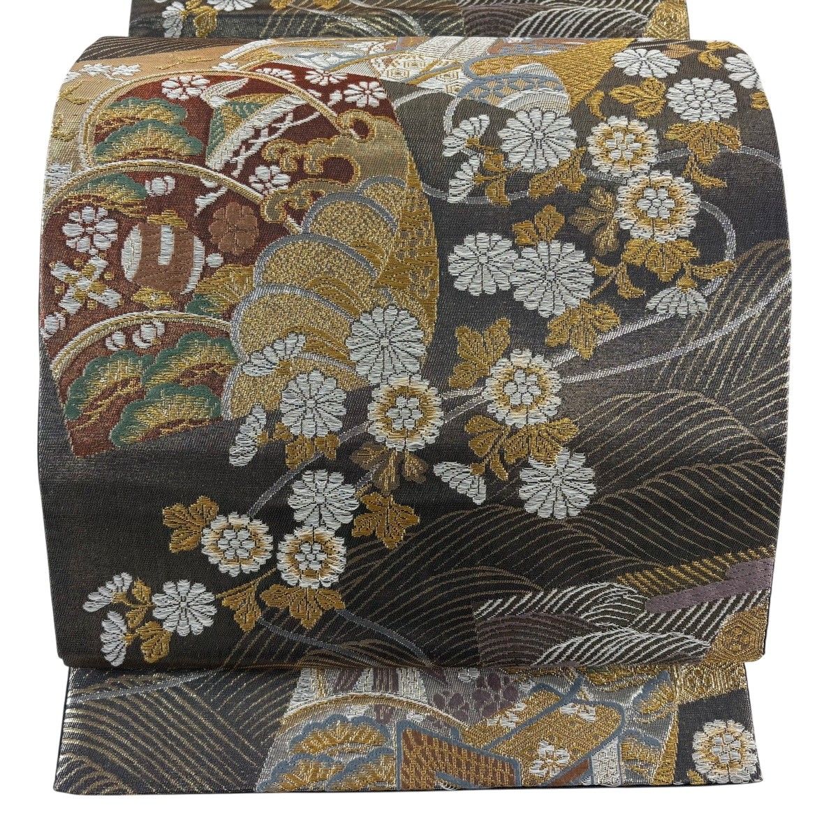 宝づくしの高級正絹袋帯 美品】 袋帯 秀品 御所車 宝づくし 金銀糸 箔 銀色 六通 正絹 【中古