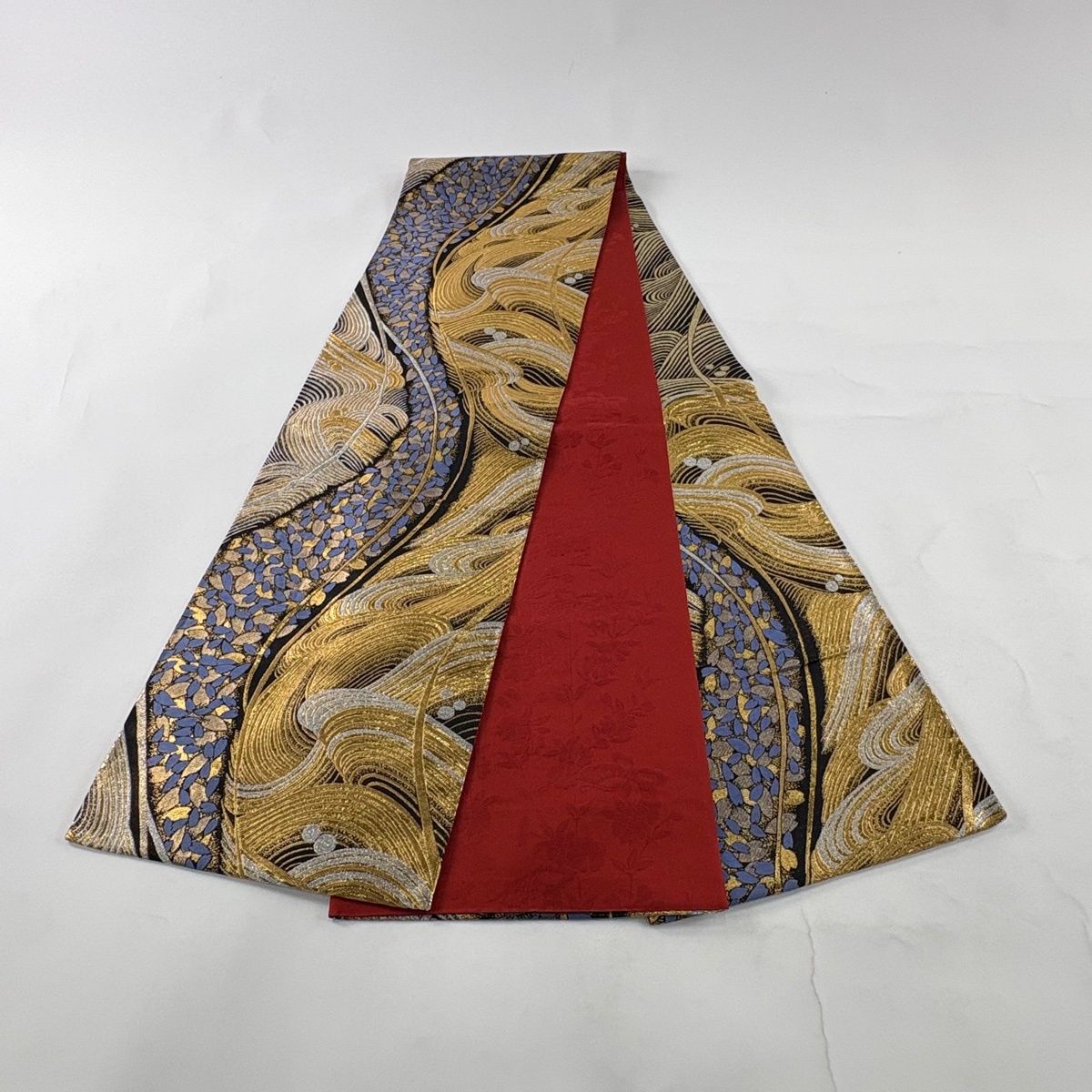 袋帯 煌びやかな曲線模様 黒色 金銀糸 振袖 O-4686 袋帯 煌びやかな曲線模様 黒色 金銀糸 振袖 O-4686