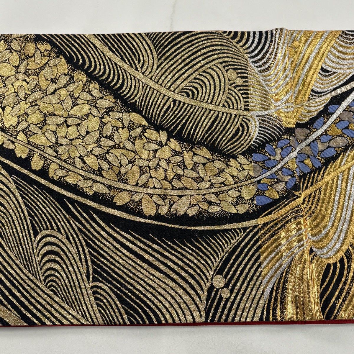 A 44美品袋帯 六通柄 金銀糸　流水花 桜　振袖向き　正絹 美品 着物 美品】 袋帯 秀品 振袖向き 波 桜の花びら 金銀糸 箔 黒 六通 正絹