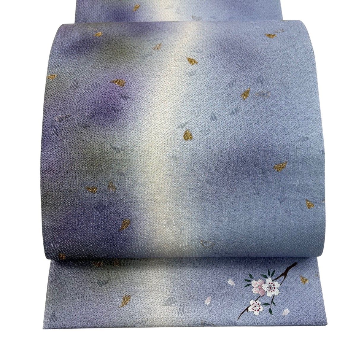 美品】 袋帯 秀品 落款 桜 桜の花びら 箔 ぼかし 水色 全通 正絹