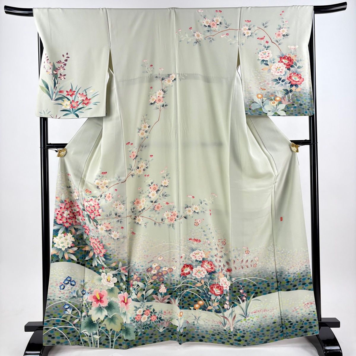 訪問着 身丈167cm 裄丈68.5cm L 袷 袋帯セット 落款 枝花 桜 ぼかし 薄