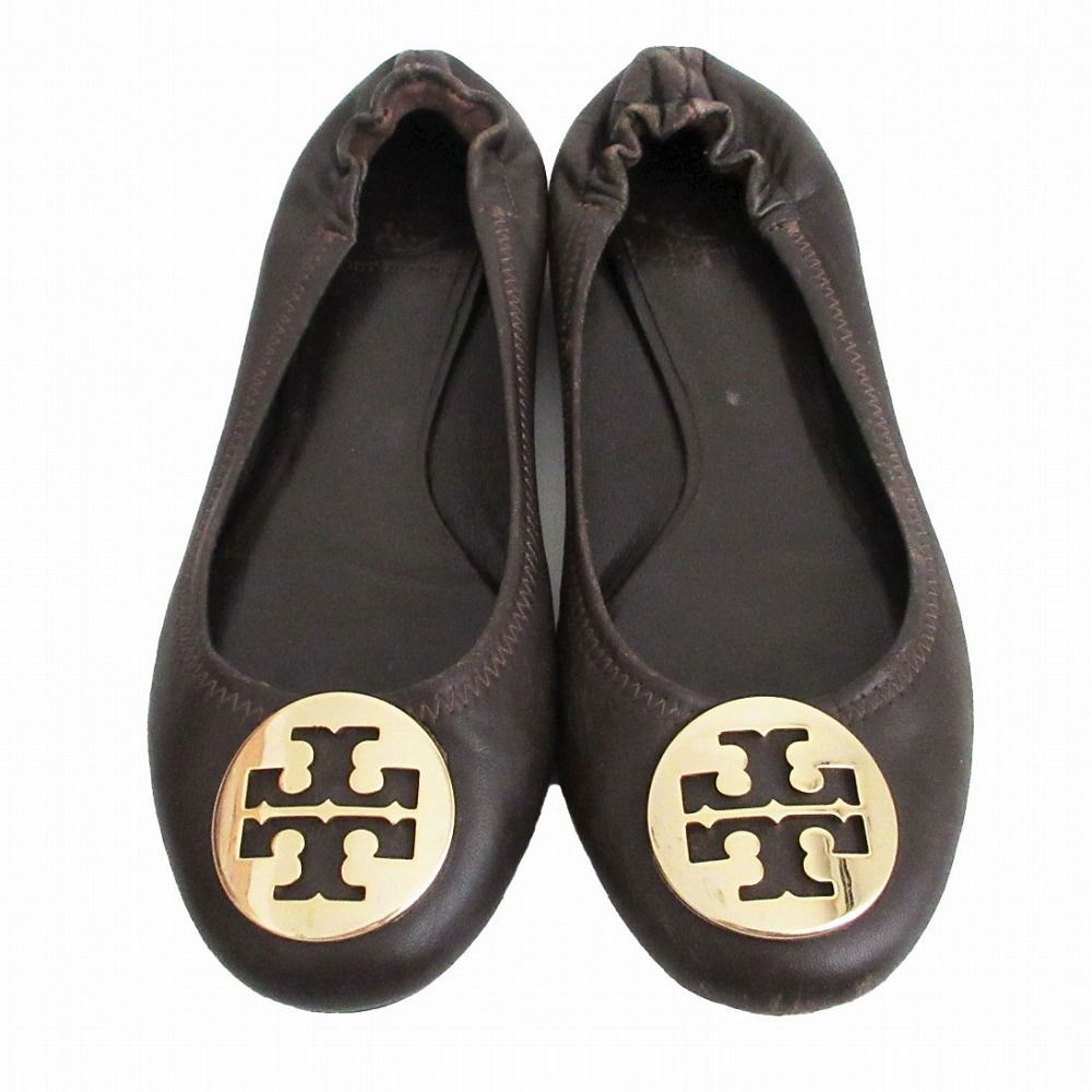 トリーバーチブラックレザー バレエシューズ ロゴ付き TORY BURCH トリーバーチ ロゴプレート レザー バレエシューズ