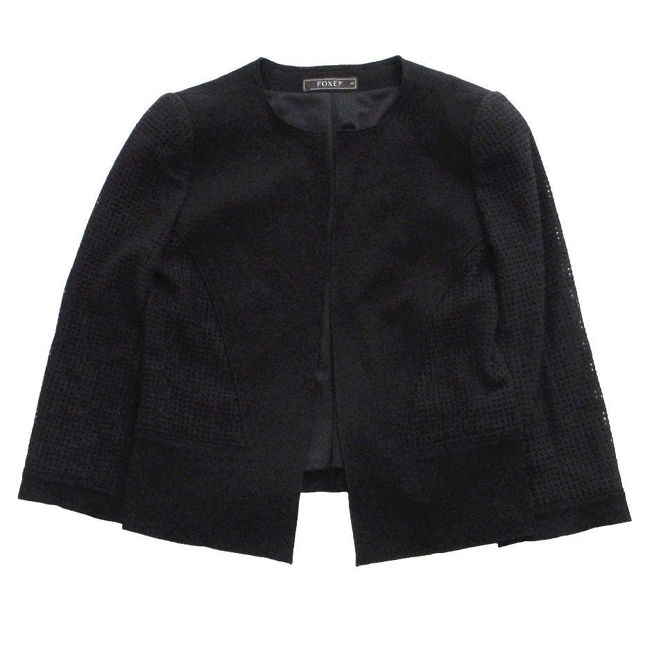 美品✨フォクシー ノーカラージャケット メッシュ切り替え 羽織り ブラック FOXEY フォクシー メッシュ切替 ノーカラージャケット 33140 ブラック