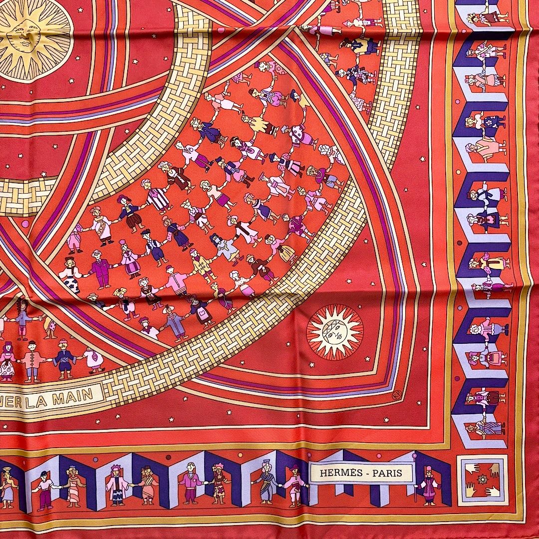 極美品 色映え 可愛い エルメス シルクスカーフ カレ90 手を差し伸べる