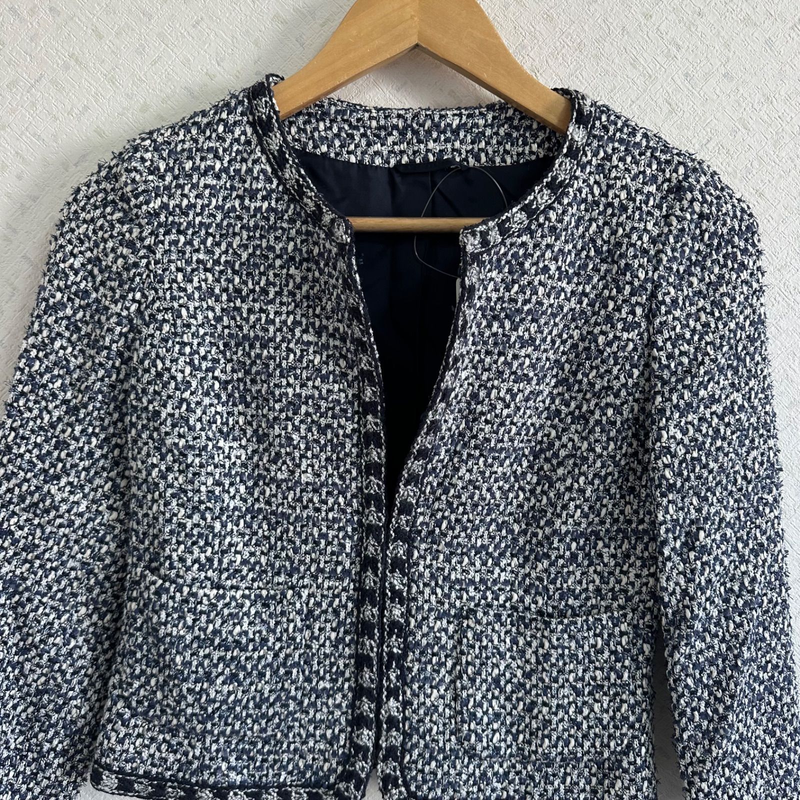 ANAYIアナイ ツイードノーカラージャケット アウター ネイビーホワイト