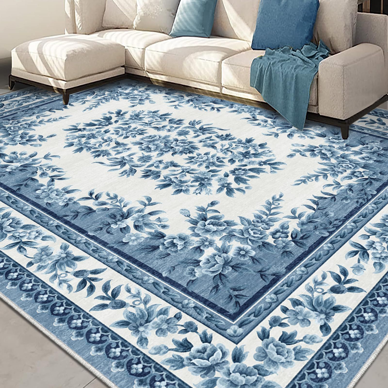 洗えるラグマット 3畳 200×250cm ペルシャ風 ブルー 花柄 落ち着いた