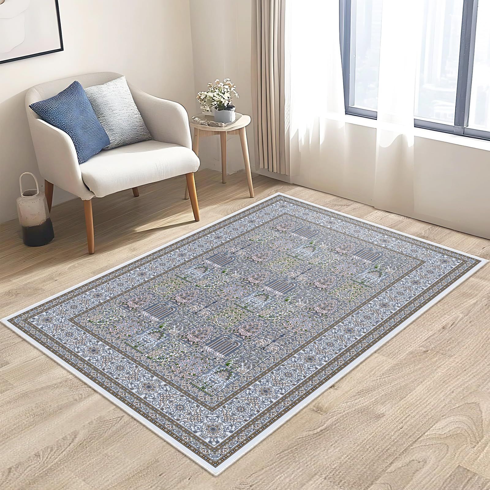 絨毯 130×200cm 長方形 北欧 ヴィンテージチェック柄 ライトブルー 