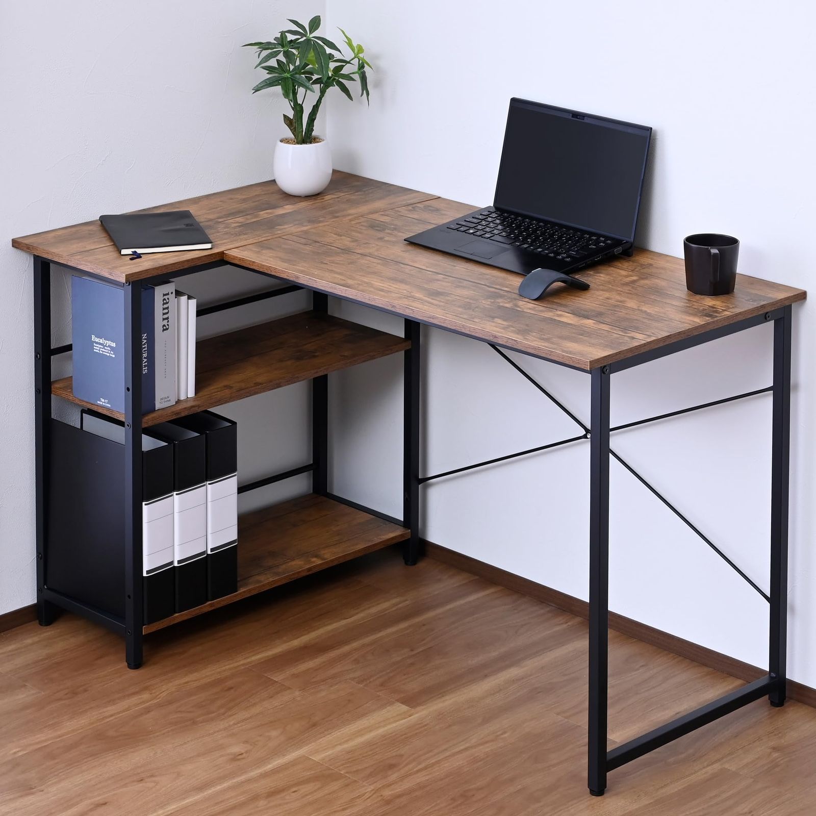 山善(YAMAZEN) デスク ラック付き L字 コーナー (棚は左右付け替え可