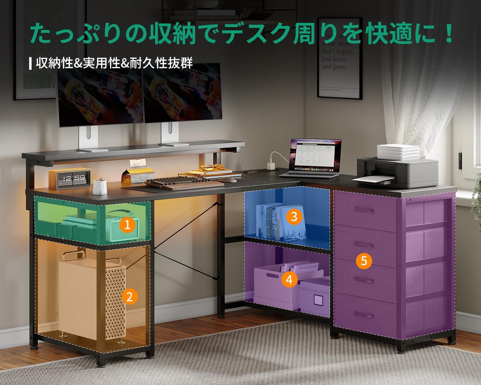 AODK ゲーミングデスク 引き出し4杯付き パソコンデスク コンセント