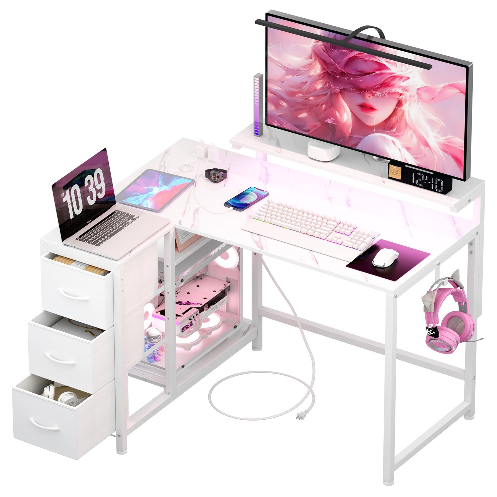 LunarLight PCパソコンデスク 幅108奥行き80高さ71.8cm テレワーク L型