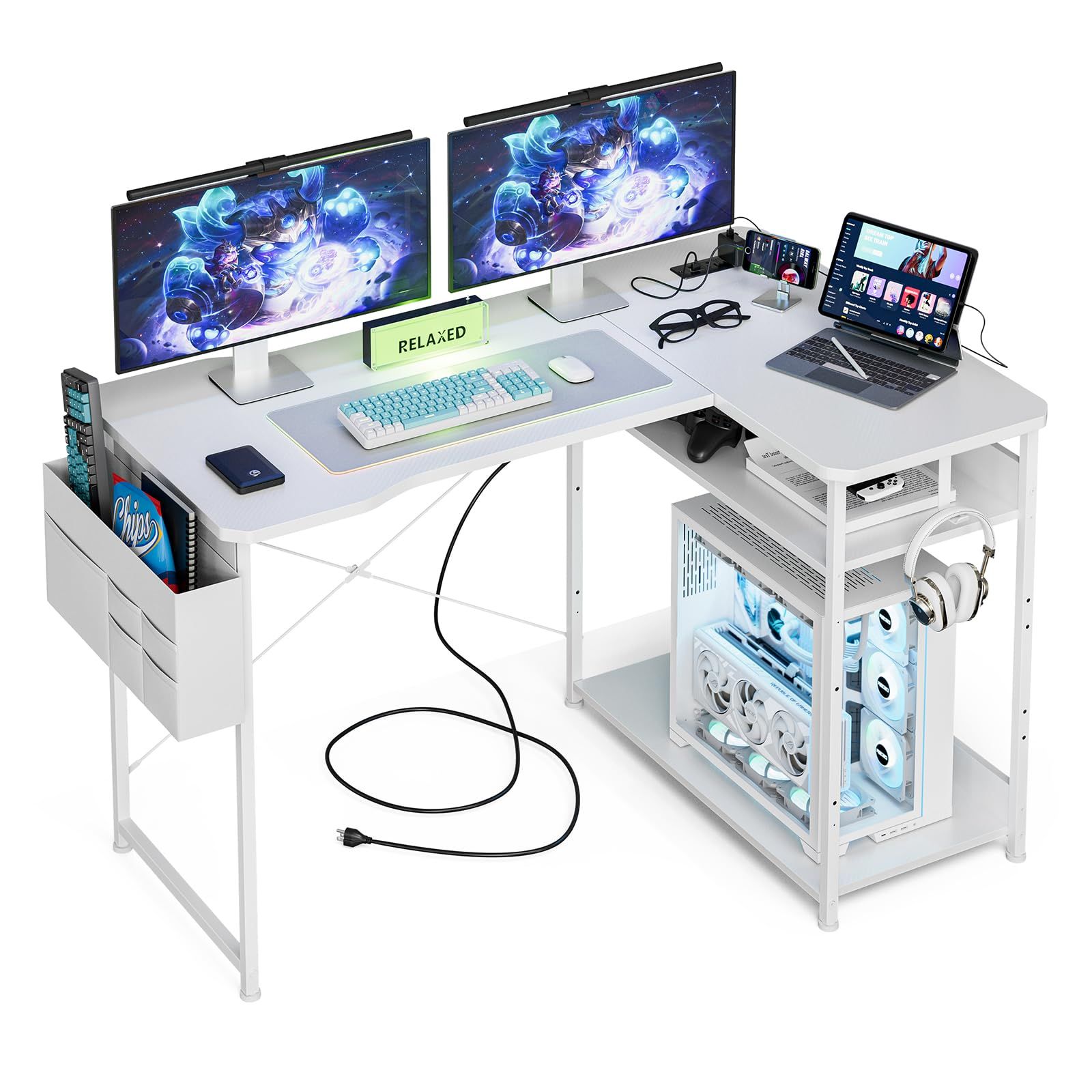 Acrolix ゲーミングデスク ホワイトカーボン調 コンセント付き