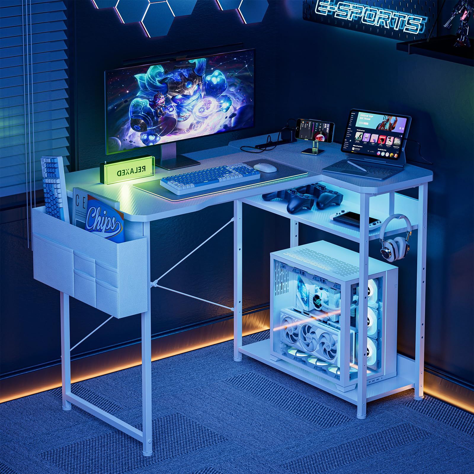 Acrolix ゲーミングデスク ホワイトカーボン調 コンセント付き