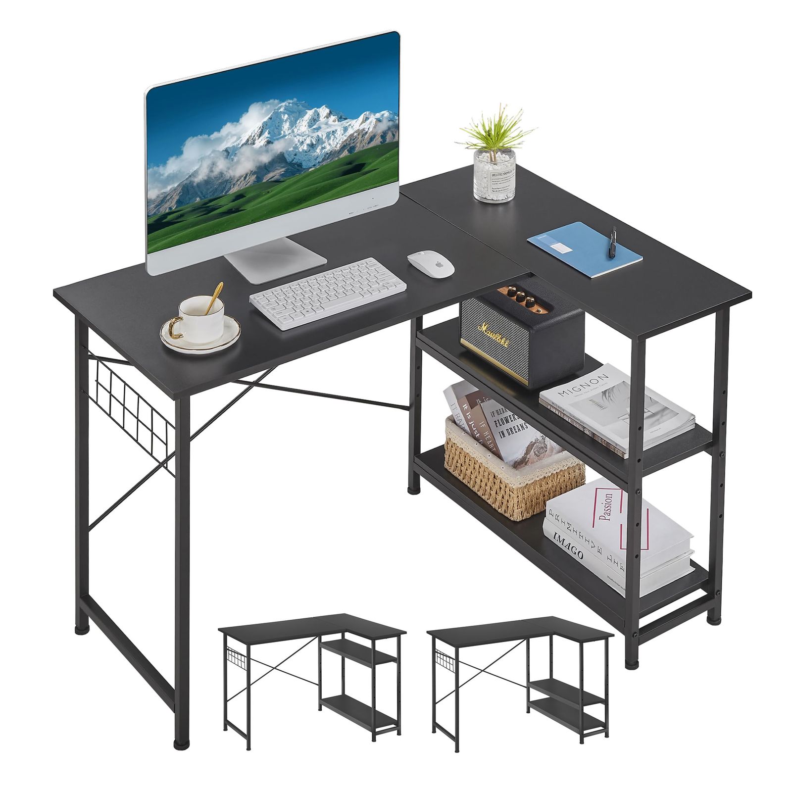 VECELO L字デスク パソコンデスク 幅110×奥行80cm 棚付き 可動棚 高さ