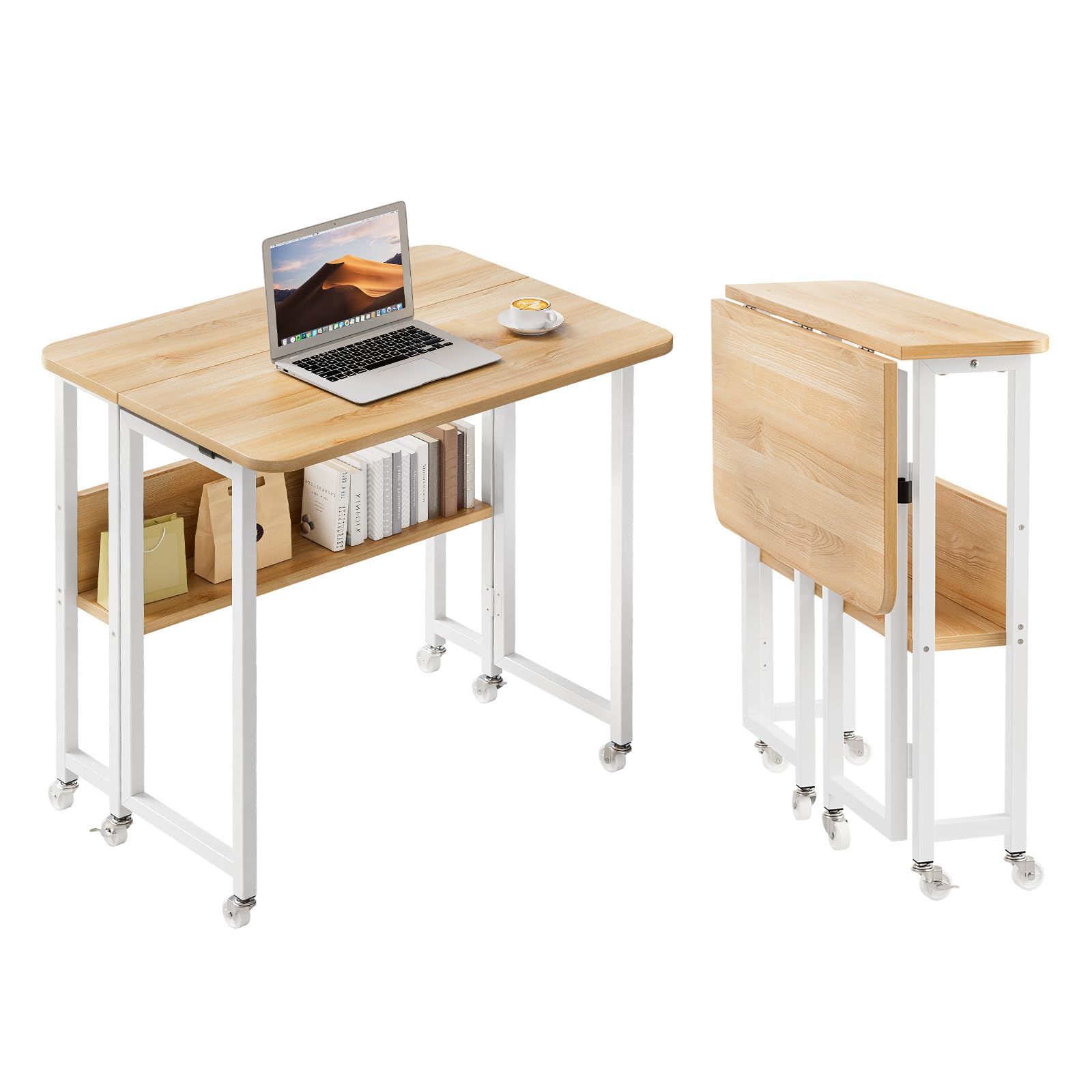 Dezyfurni 折りたたみデスク 木製 幅80×奥行58×高さ75cm キャスター