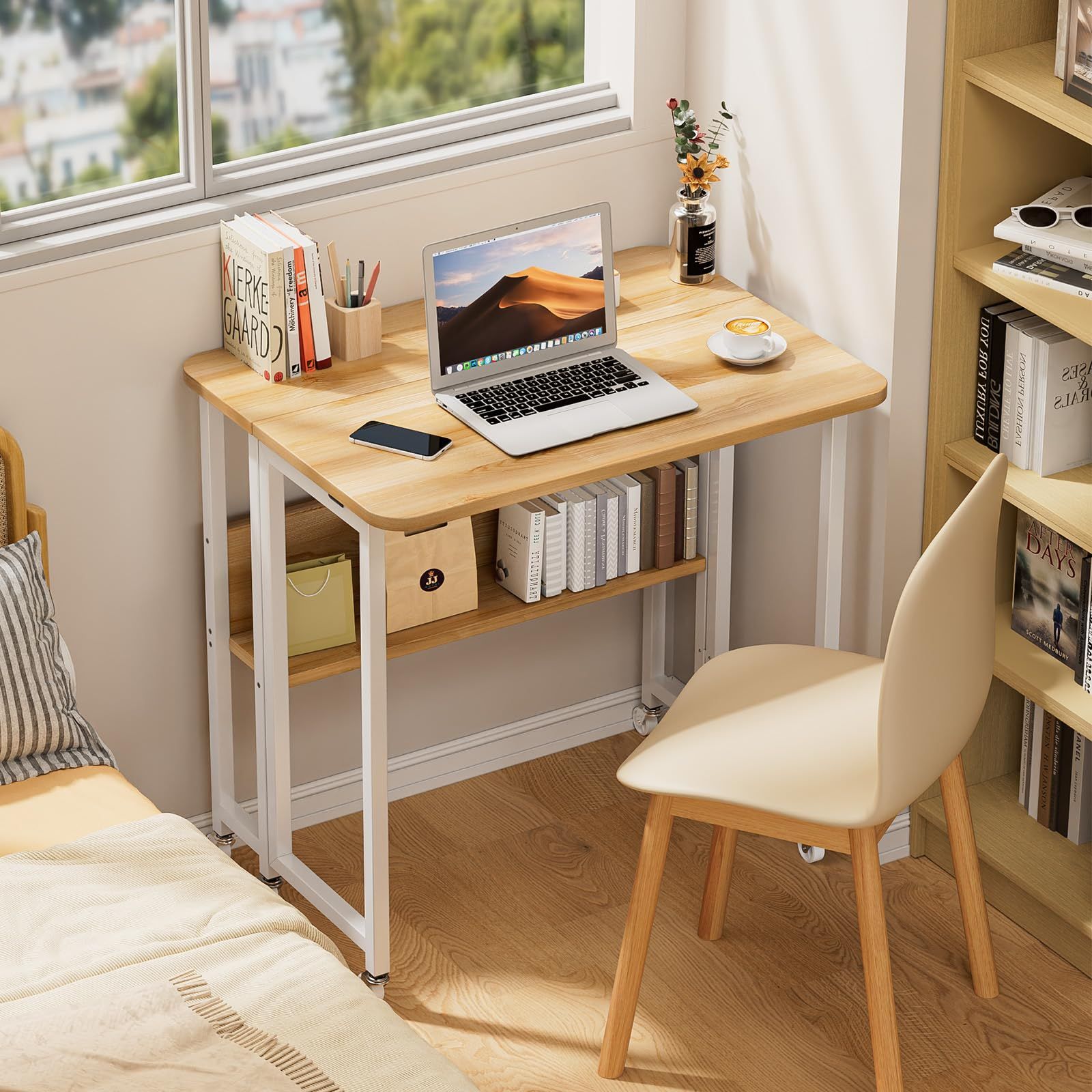 Dezyfurni 折りたたみデスク 木製 幅80×奥行58×高さ75cm キャスター