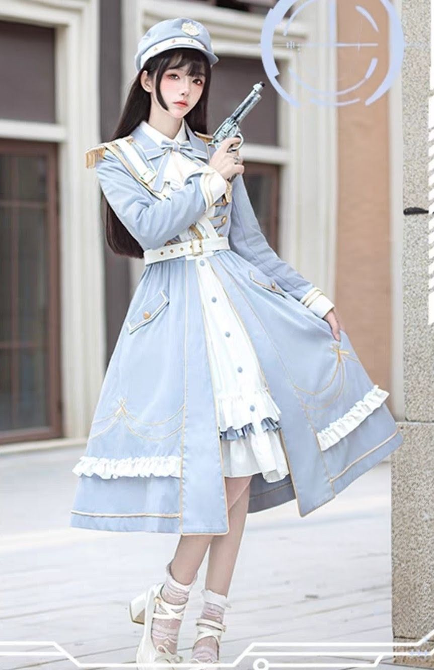 ミリタリー セットアップ ケープ ワンピース クラシカル フ ドレス フリル リボン 金ボタン Aライン ハイウエスト コスプレ 地雷系 量産型 原宿系 病みかわいい 甘辛 レディース 秋冬 青白 清楚系 マント付き ゴシック ロリータ 長袖