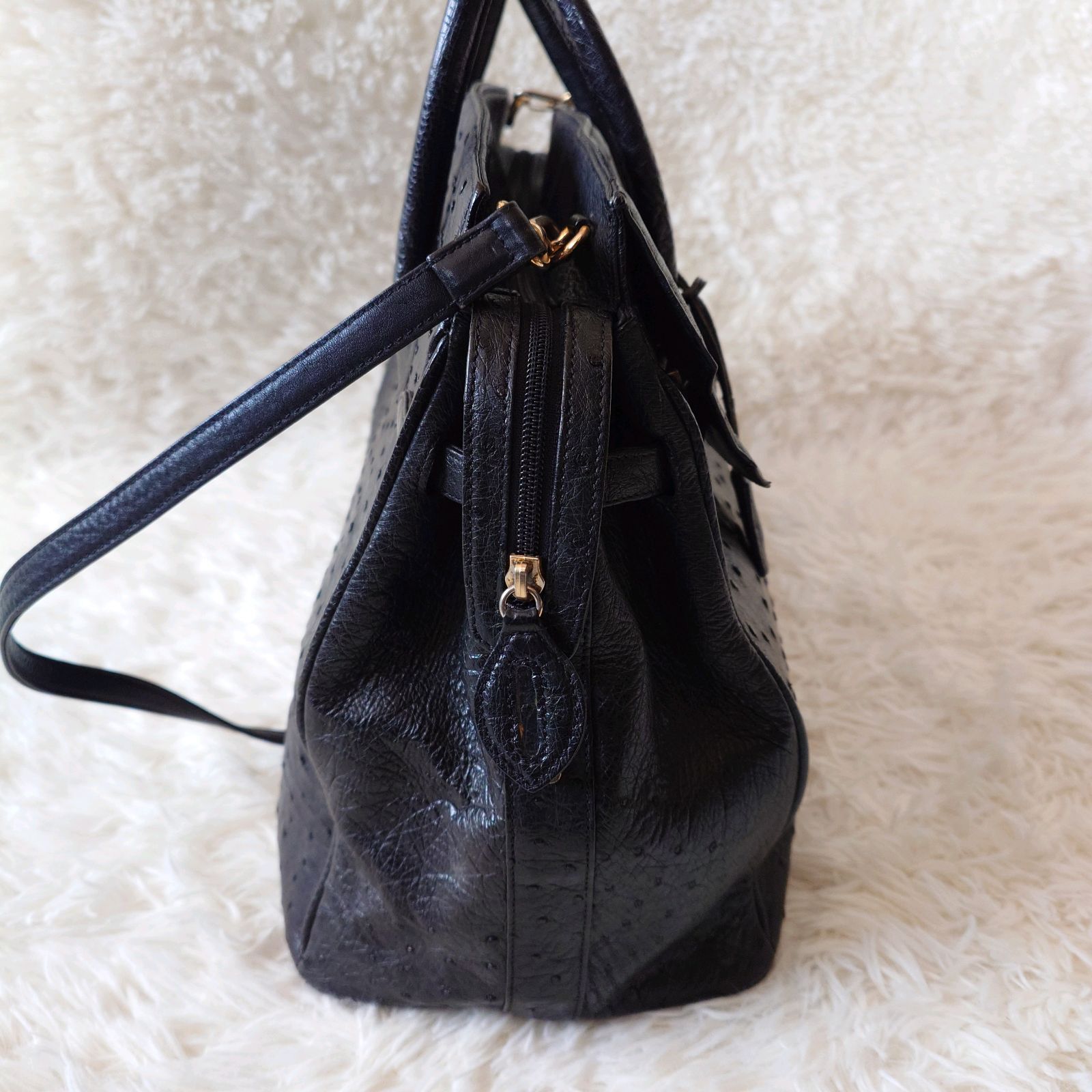 高級 トートバッグ ハンドバッグ オーストリッチ レザー カデナ 南京錠