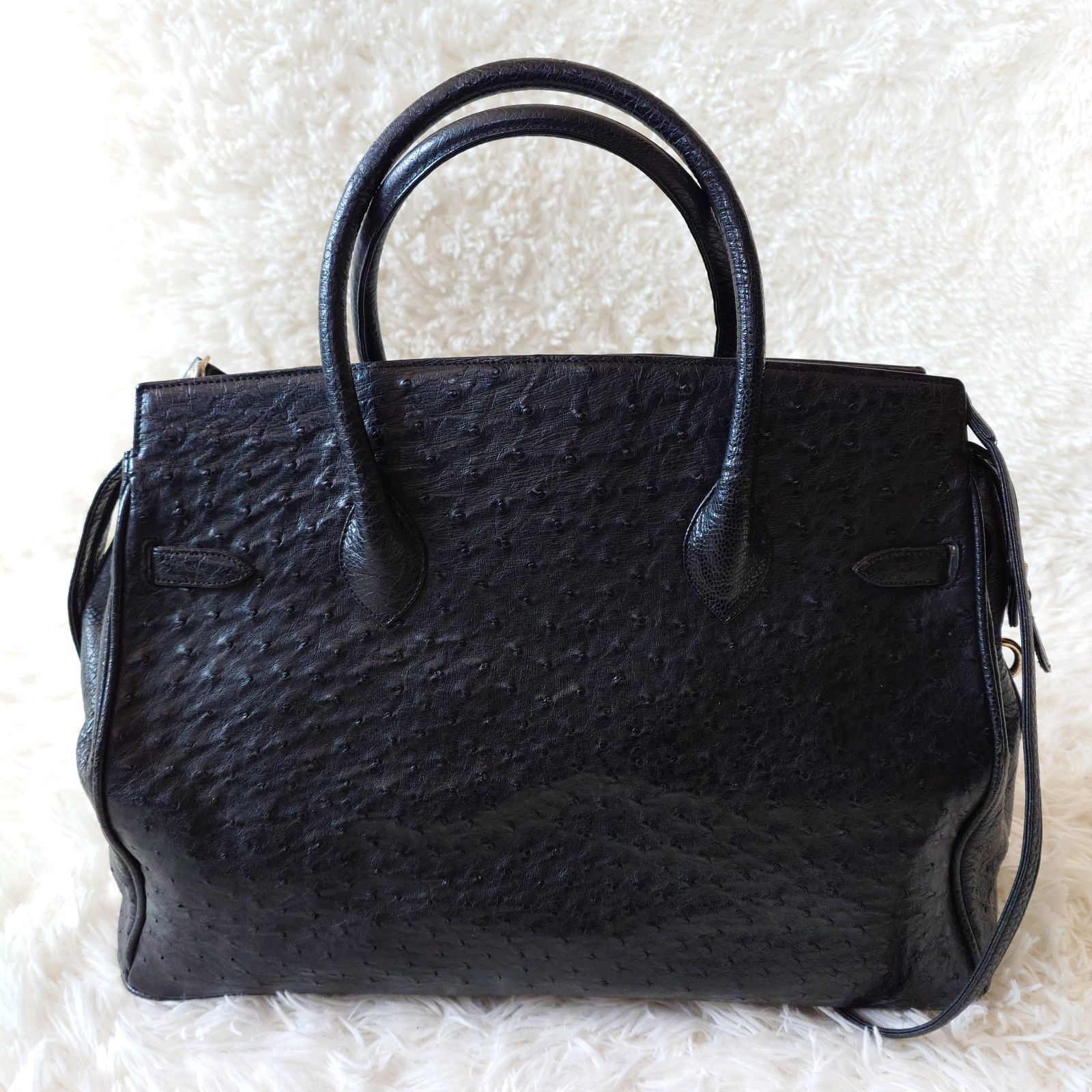 JRA オーストリッチレザー ハンドバッグ 黒 南京錠 本革 カデナ JRA オーストリッチレザー ハンドバッグ 黒 南京錠 本革 カデナ