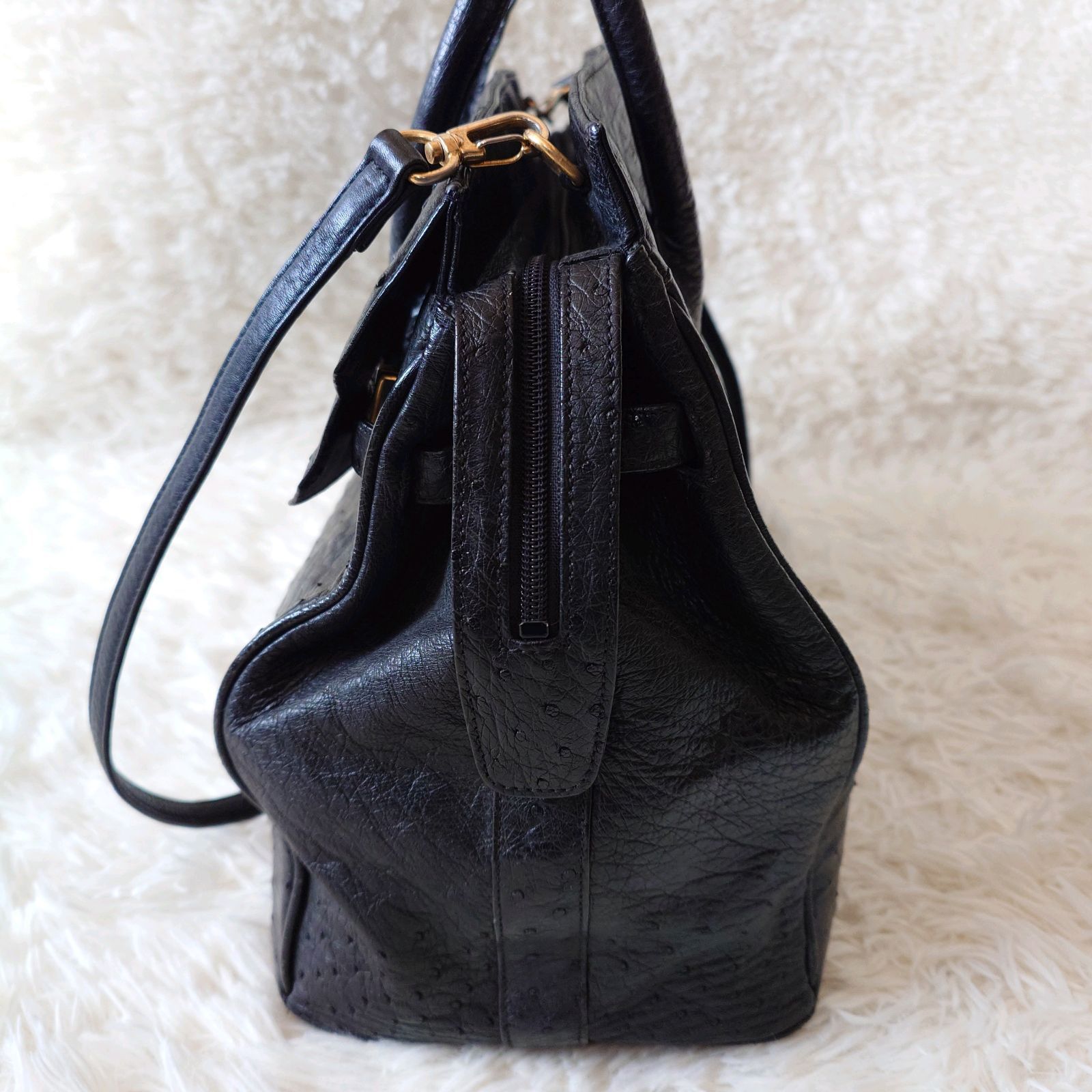 オーストリッチ ダチョウ トートバッグ 南京錠 ハンドバッグ エキゾチックレザー ☆1円スタート☆ オーストリッチ ダチョウ革 駝鳥革 リボン パッチ