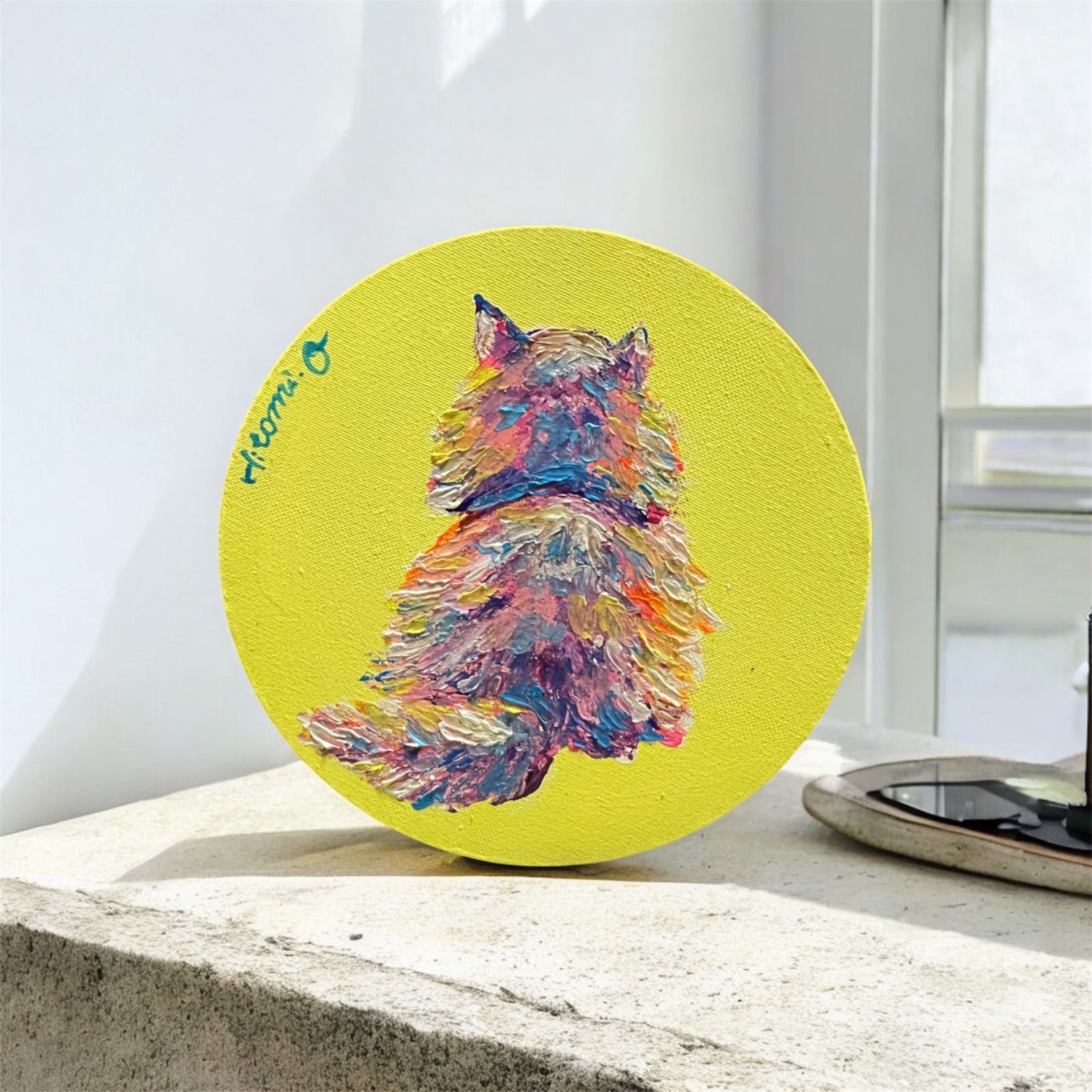 丸型キャンバス○絵画原画 猫 現代アート アート 動物画 作品証明者付