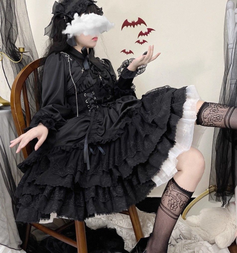 ゴシック ロリータ ブラック ワンピース ボレロ フリル レース リボン 十字架 編み上げ ハイウエスト ボリューム スカート 地雷系 闇かわいい ゴスロリ 病みかわいい 韓国ファッション 原宿系 コスプレ 衣装 スウィート ミニ ダーク