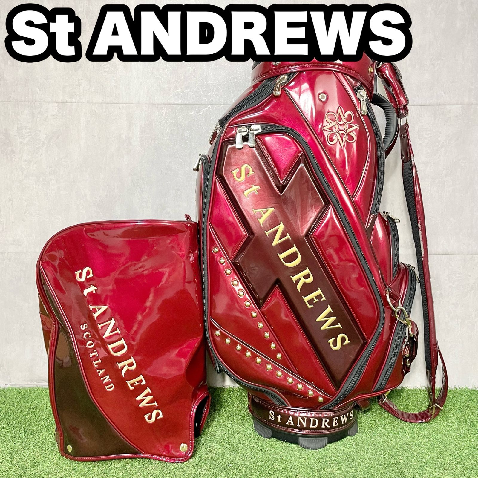 St ANDREWS セントアンドリュース キャディバッグ ゴルフバッグ ワインレッド 大迫力 3点式 エナメル 大容量 キャディバック 送料無料