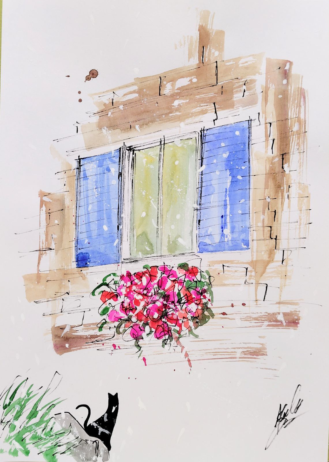 原画#290 黒猫 雪 フランス 窓 花 水彩画 ドローイング インテリア