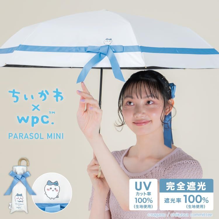 2025 Wpc. 日傘 遮光 ちいかわ ほめられリボン ミニ オフ ≪遮光率 |UVカット率 | UPF 50＋|遮熱|晴雨兼用≫ 折りたたみ傘 ハチワレ 友情を結ぶ大切な青いリボン コラボ 可愛い 801-CK 03-102 aea 9 d 8 ee