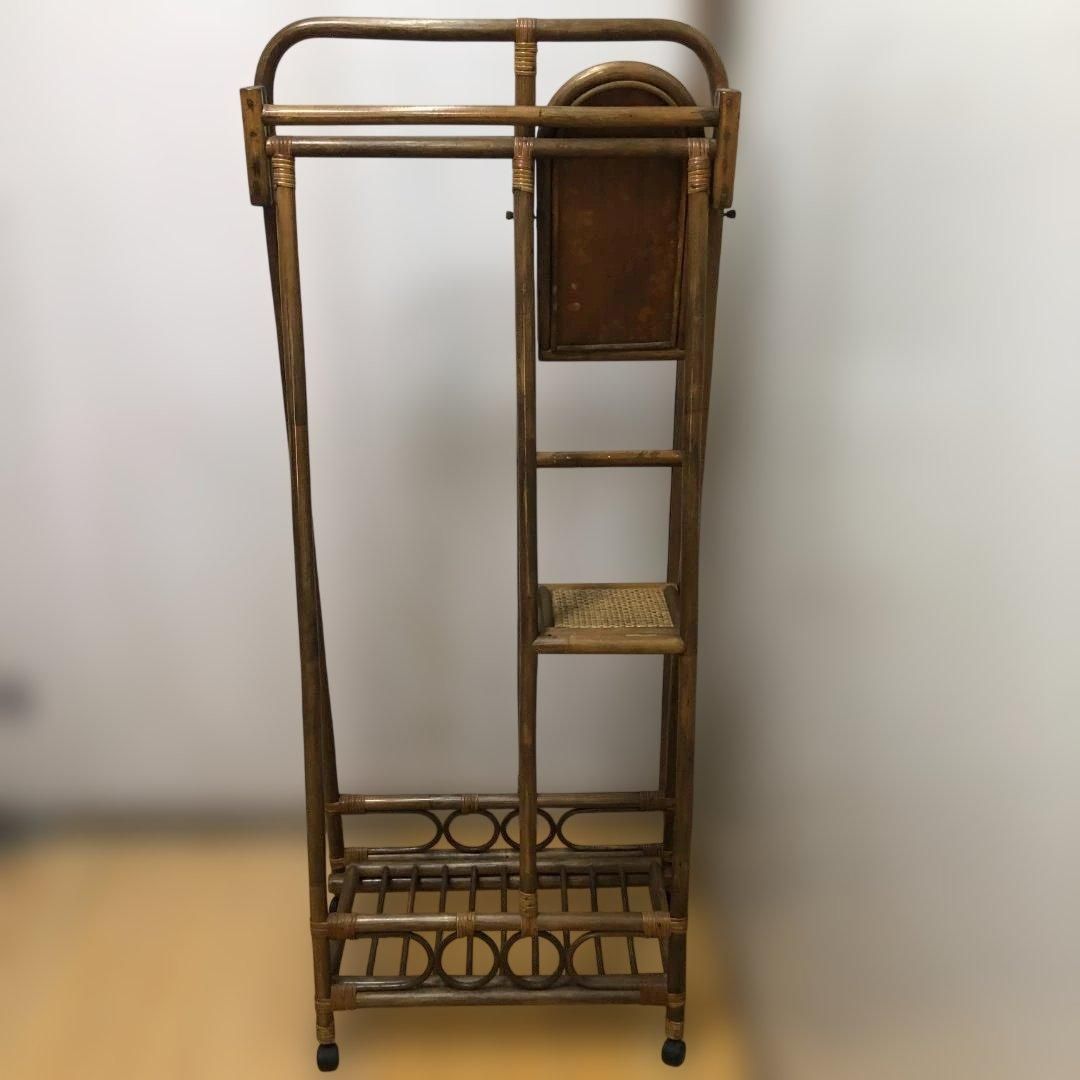 ラタン 籐製 ミラー付き ハンガーラック コートスタンド 折りたたみ