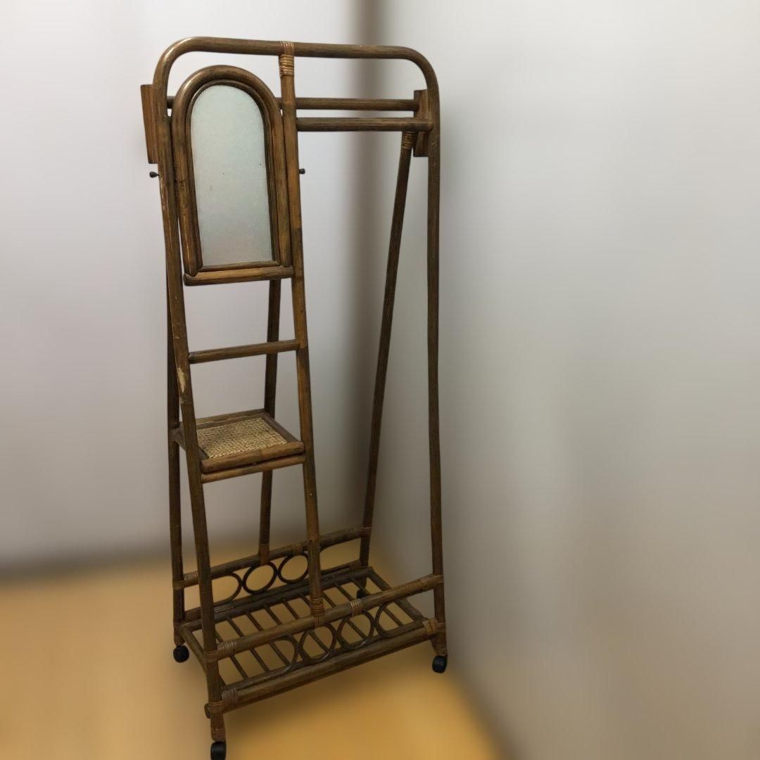 ラタン 籐製 ミラー付き ハンガーラック コートスタンド 折りたたみ